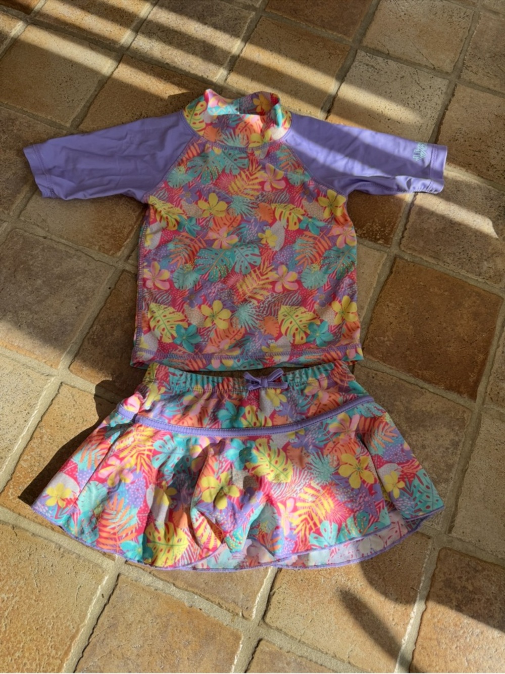UV Skinz Kids Purple Tropical Floral Rash Guard Set - Swim Top & Skirt Size 4